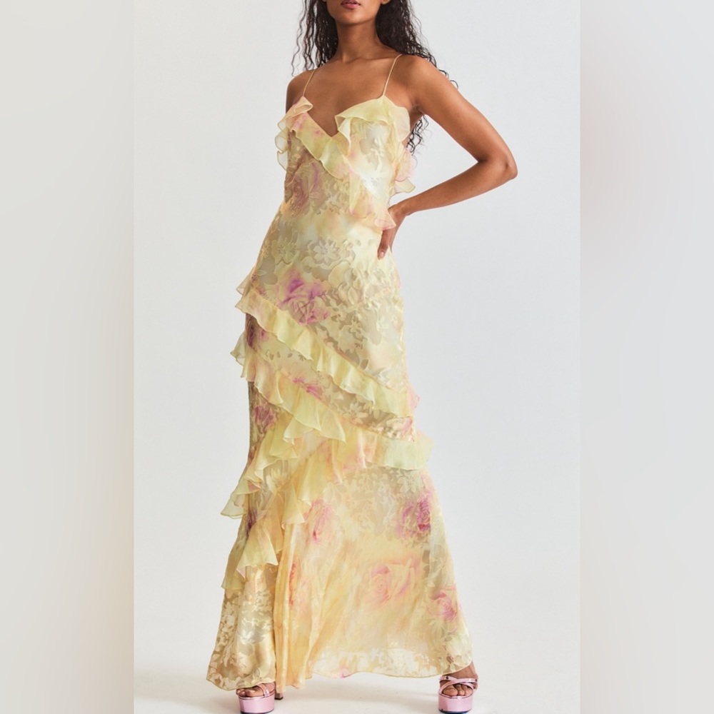 LoveShackFancy Yellow Floral Ruffle Maxi Dress